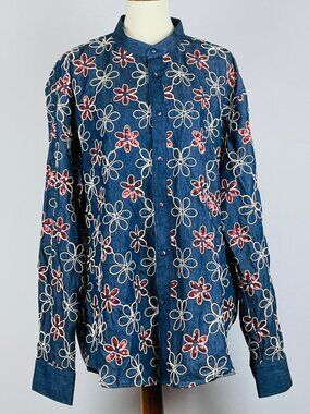 NWT Lanzzino Denim Shirt Sz 3XL Embroidered Sequin Flowers Western Glam Cowgirl